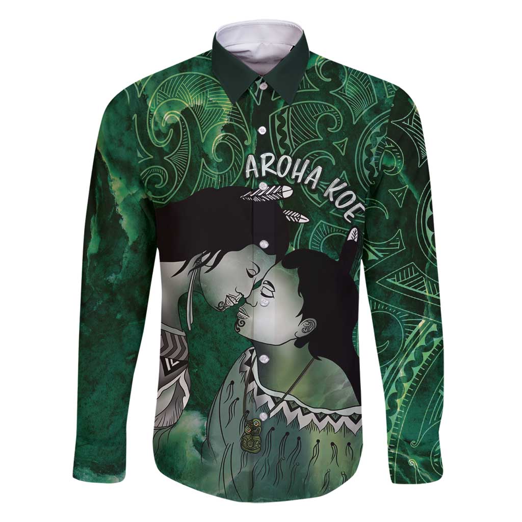 New Zealand Aroha Koe Mama Family Matching Summer Maxi Dress and Hawaiian Shirt Maori Hongi - Pounamu LT7 Dad's Shirt - Long Sleeve Green - Polynesian Pride