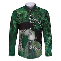 New Zealand Aroha Koe Mama Family Matching Summer Maxi Dress and Hawaiian Shirt Maori Hongi - Pounamu LT7 Dad's Shirt - Long Sleeve Green - Polynesian Pride