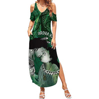 New Zealand Aroha Koe Mama Family Matching Summer Maxi Dress and Hawaiian Shirt Maori Hongi - Pounamu LT7 Mom's Dress Green - Polynesian Pride