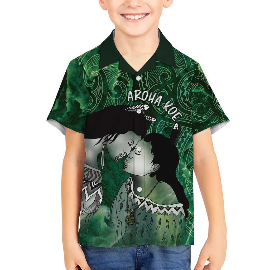 New Zealand Aroha Koe Mama Family Matching Summer Maxi Dress and Hawaiian Shirt Maori Hongi - Pounamu LT7 Son's Shirt Green - Polynesian Pride