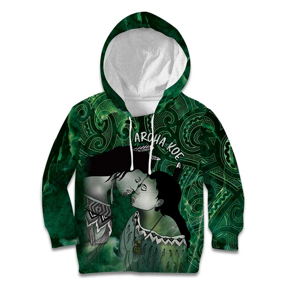 New Zealand Aroha Koe Mama Kid Hoodie Maori Hongi - Pounamu LT7 Hoodie Green - Polynesian Pride