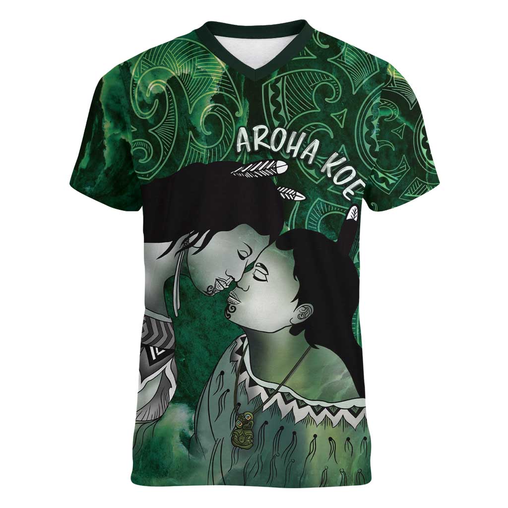 New Zealand Aroha Koe Mama Women V-Neck T-Shirt Maori Hongi - Pounamu LT7 Female Green - Polynesian Pride