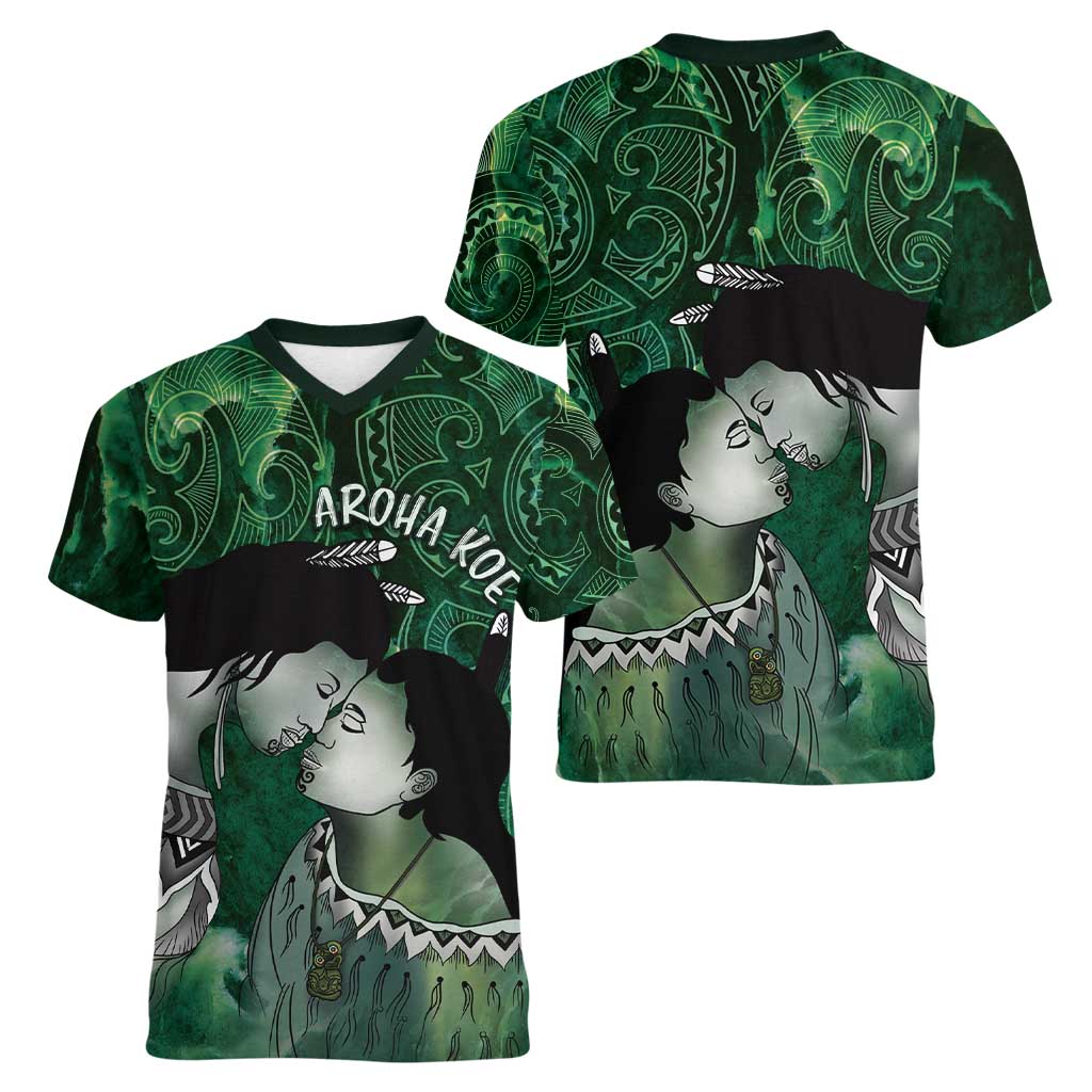 New Zealand Aroha Koe Mama Women V-Neck T-Shirt Maori Hongi - Pounamu LT7 - Polynesian Pride