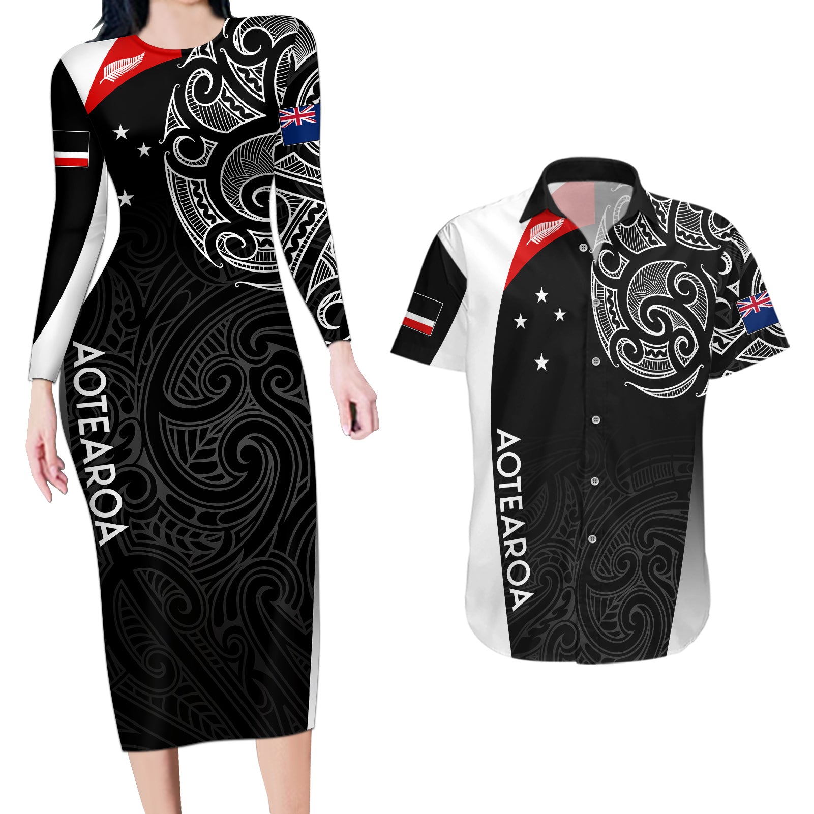 Personalised New Zealand Rugby Couples Matching Long Sleeve Bodycon Dress and Hawaiian Shirt Aotearoa World Cup 2023 Champions LT7 Black - Polynesian Pride