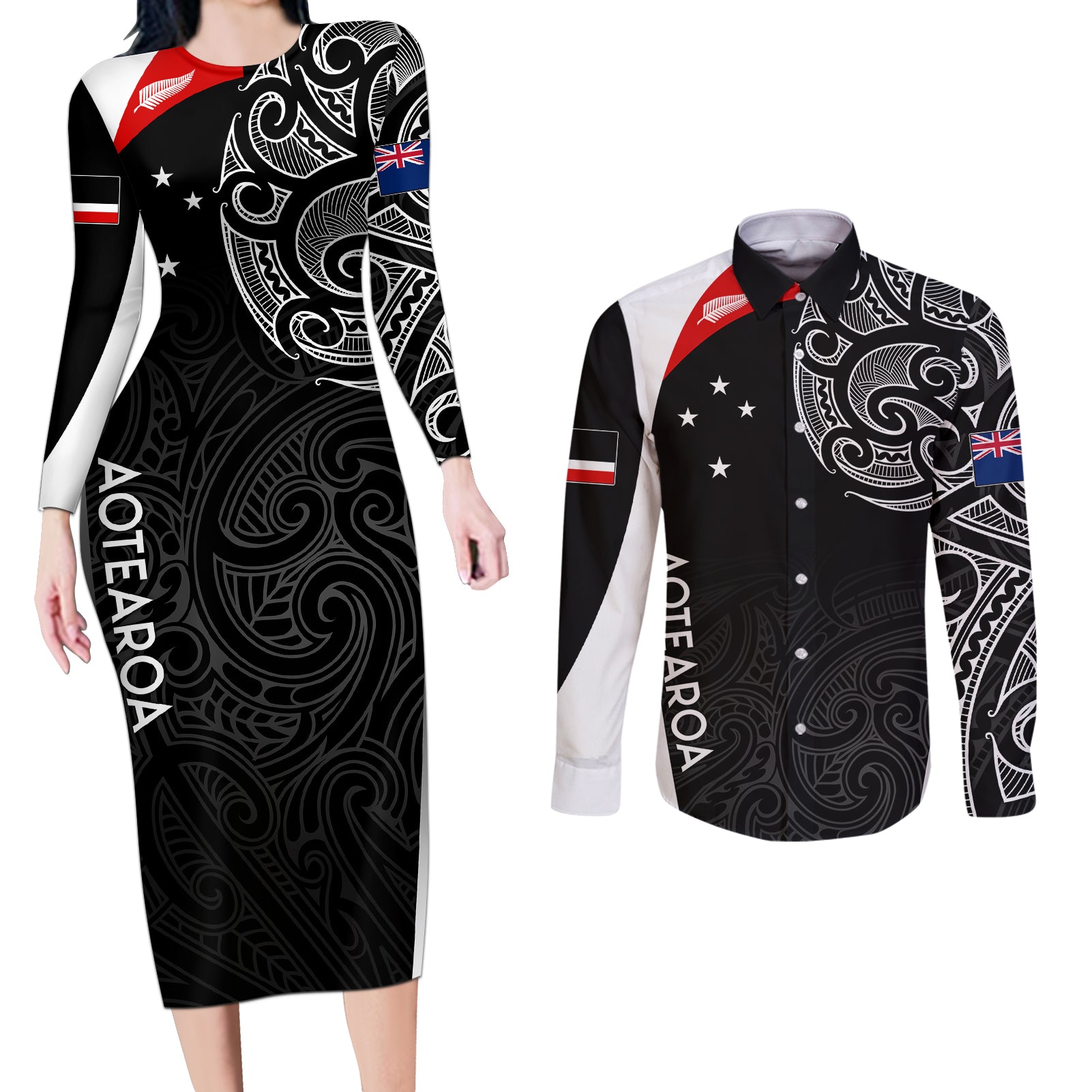 Personalised New Zealand Rugby Couples Matching Long Sleeve Bodycon Dress and Long Sleeve Button Shirts Aotearoa World Cup 2023 Champions LT7 Black - Polynesian Pride