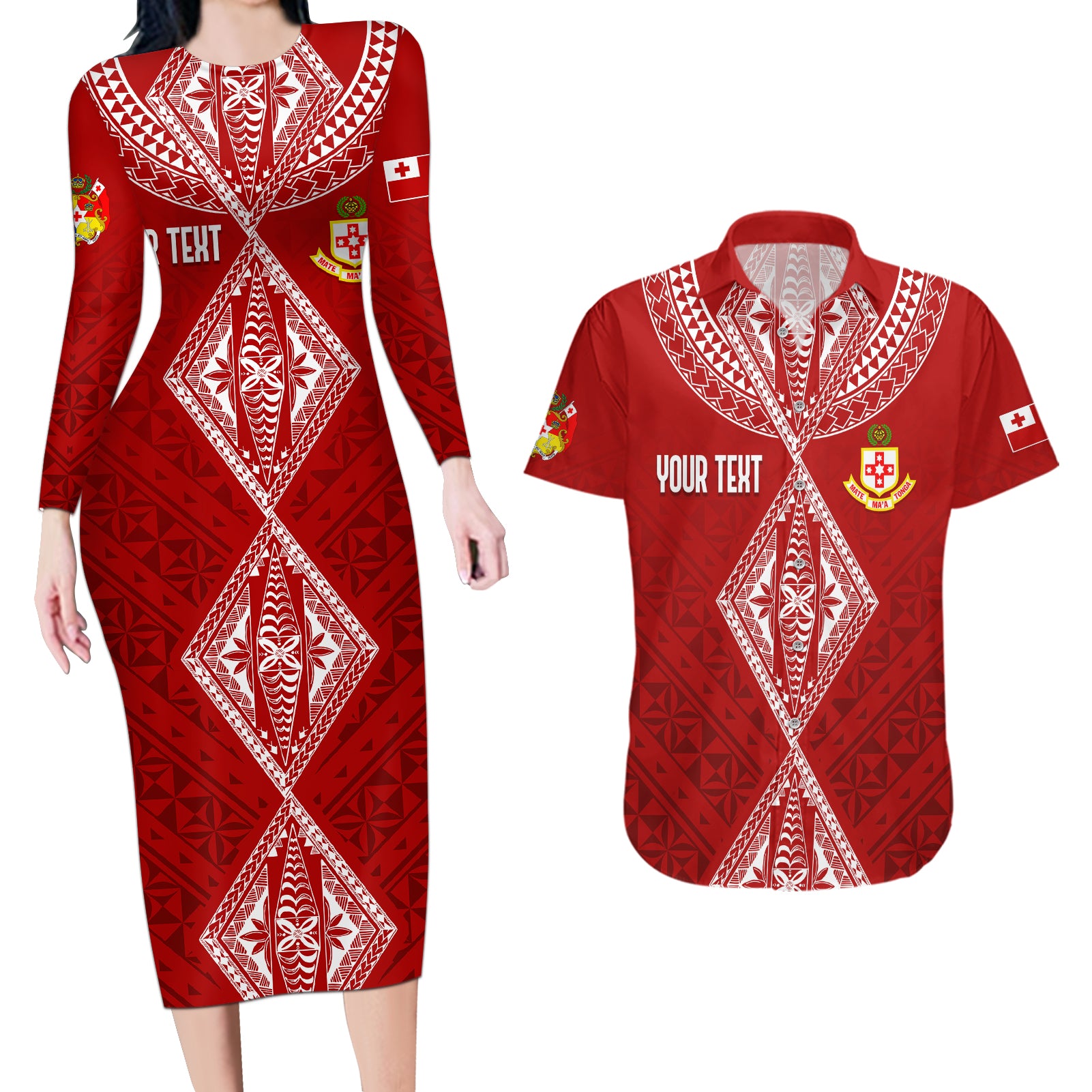 Personalised Kolisi Tonga Atele Couples Matching Long Sleeve Bodycon Dress and Hawaiian Shirt Tongan Kupesi - Special LT7 Red - Polynesian Pride