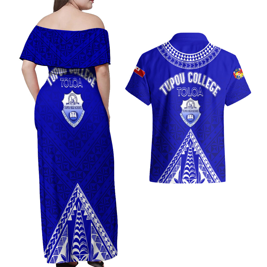 Personalised Tupou College Toloa Couples Matching Off Shoulder Maxi Dress and Hawaiian Shirt Tongan Kupesi - Special LT7 - Polynesian Pride