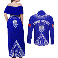 Personalised Tupou College Toloa Couples Matching Off Shoulder Maxi Dress and Long Sleeve Button Shirts Tongan Kupesi - Special LT7 - Polynesian Pride