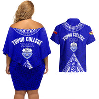 Personalised Tupou College Toloa Couples Matching Off Shoulder Short Dress and Hawaiian Shirt Tongan Kupesi - Special LT7 - Polynesian Pride