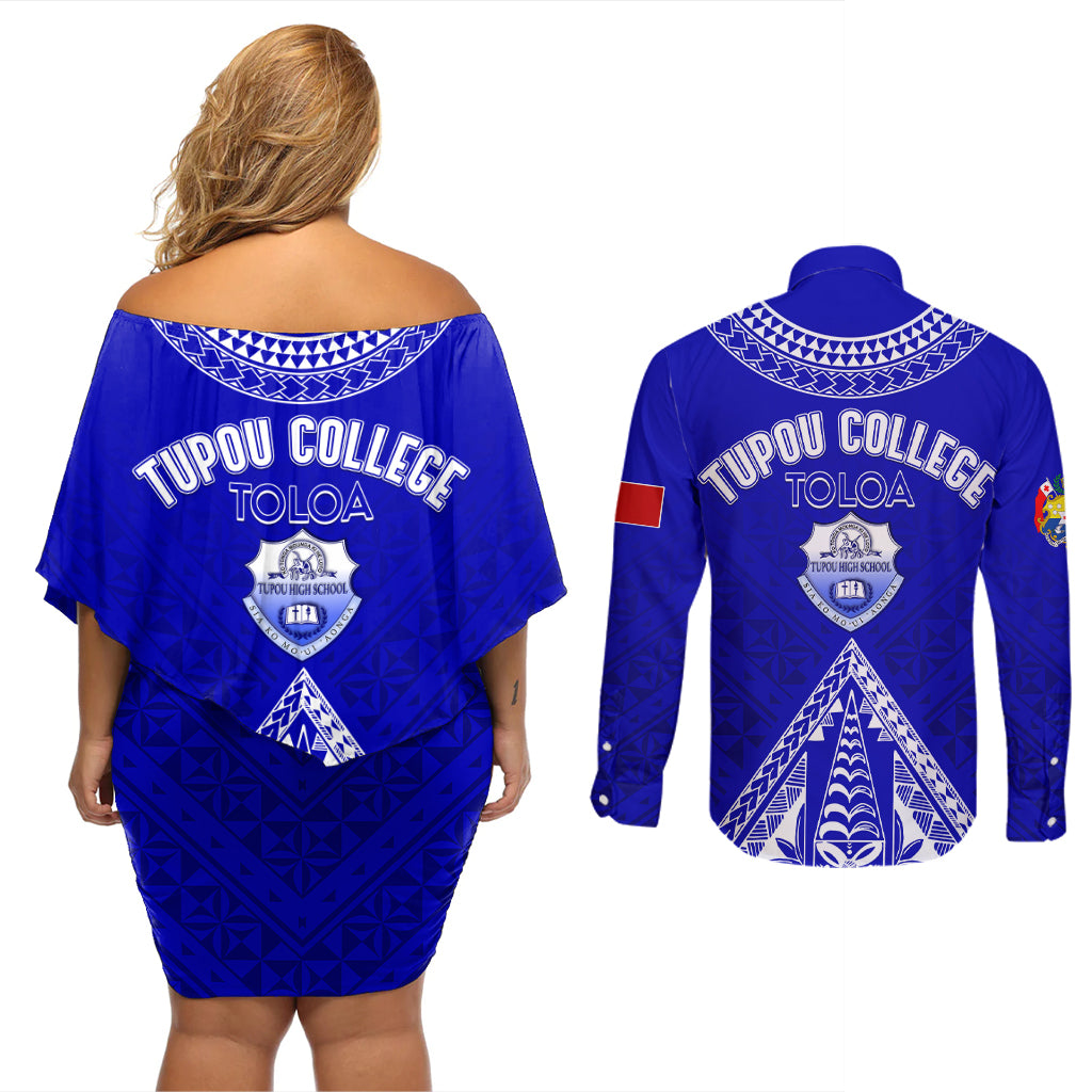 Personalised Tupou College Toloa Couples Matching Off Shoulder Short Dress and Long Sleeve Button Shirts Tongan Kupesi - Special LT7 - Polynesian Pride