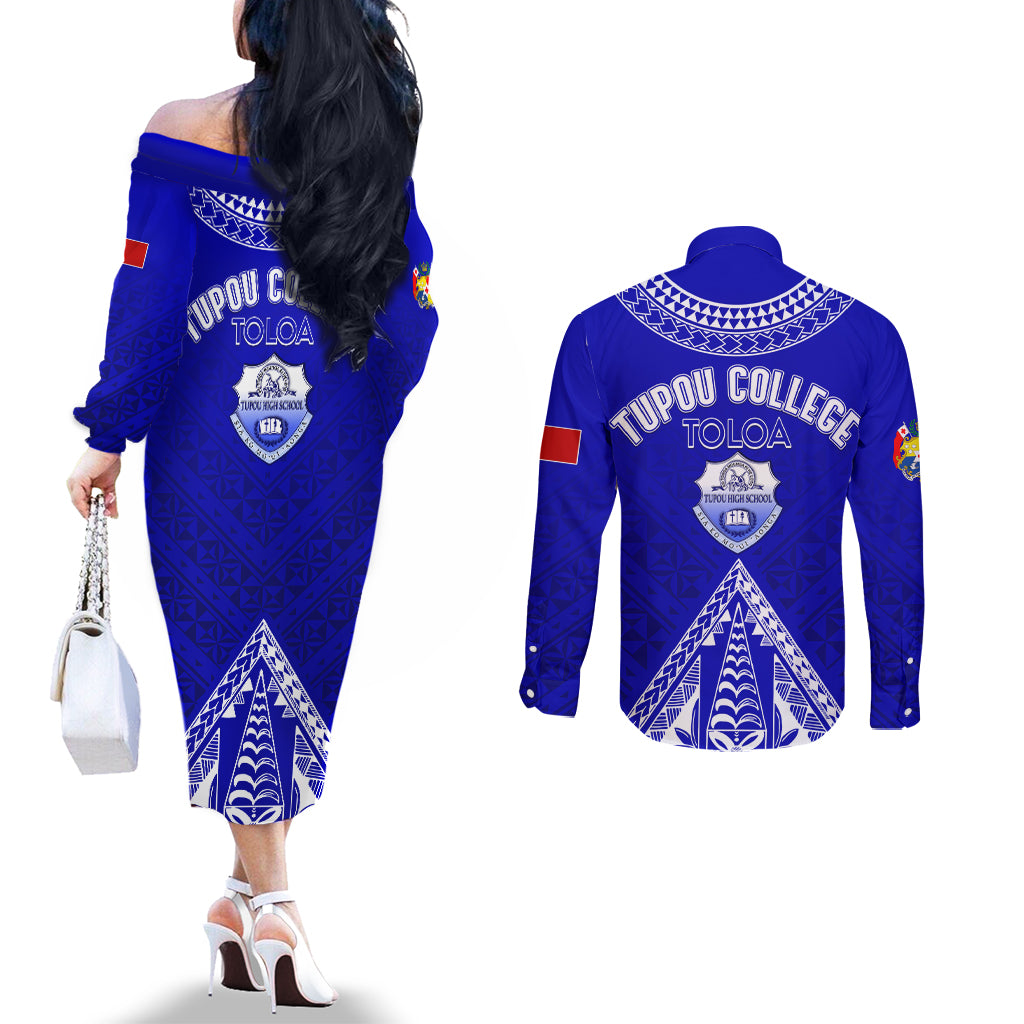 Personalised Tupou College Toloa Couples Matching Off The Shoulder Long Sleeve Dress and Long Sleeve Button Shirts Tongan Kupesi - Special LT7 - Polynesian Pride