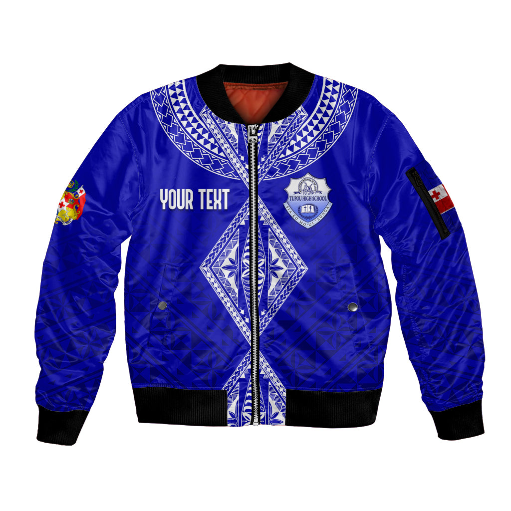 Personalised Tupou College Toloa Sleeve Zip Bomber Jacket Tongan Kupesi - Special LT7 Unisex Navy Blue - Polynesian Pride