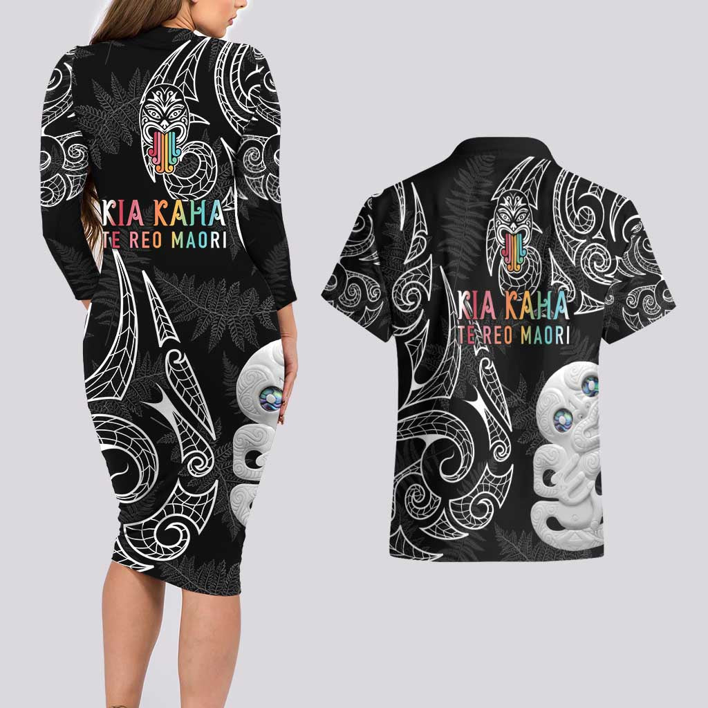 Kia Hara Te reo Maori Couples Matching Long Sleeve Bodycon Dress and Hawaiian Shirt Manaia Moko Pattern