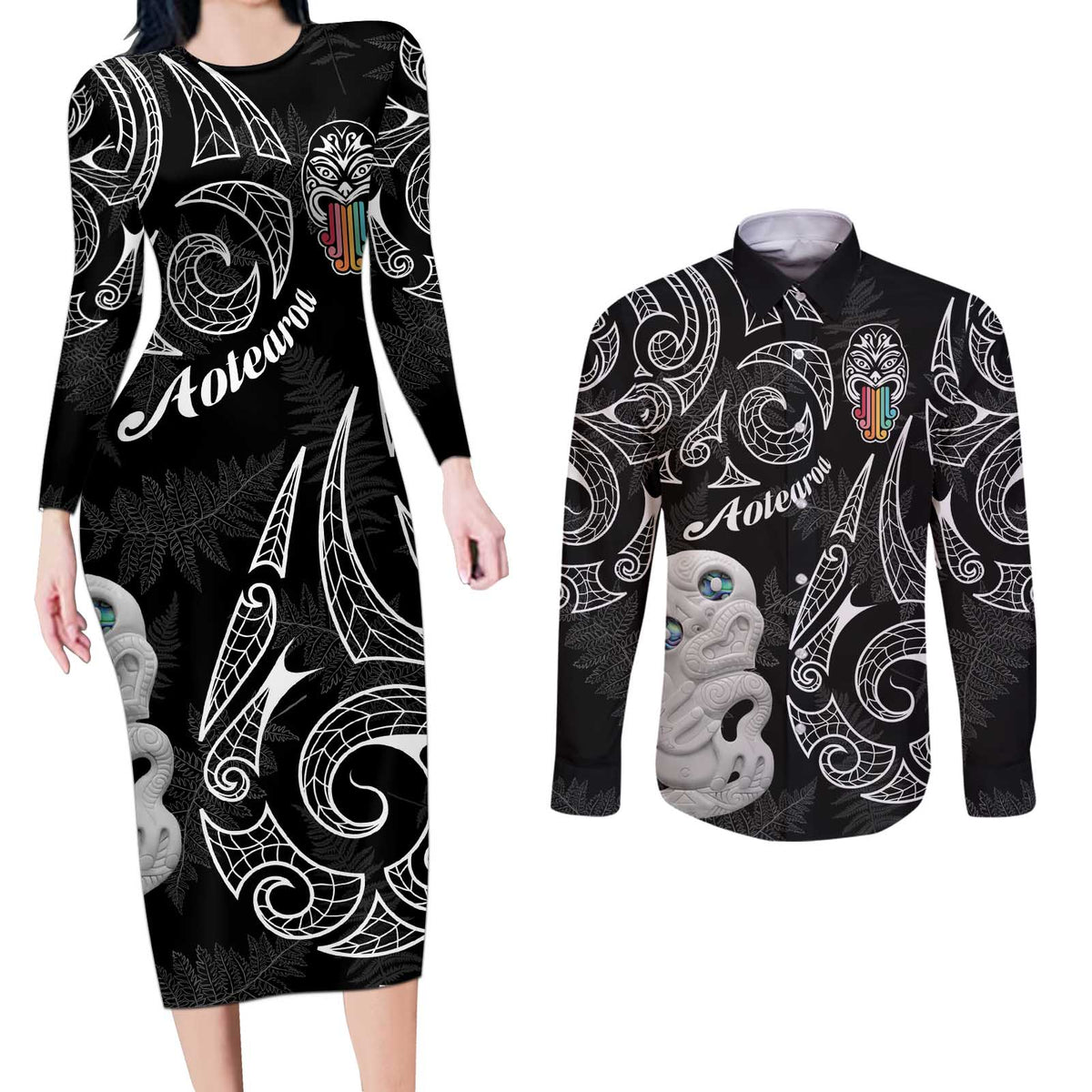 Kia Hara Te reo Maori Couples Matching Long Sleeve Bodycon Dress and Long Sleeve Button Shirt Manaia Moko Pattern LT7 Black - Polynesian Pride