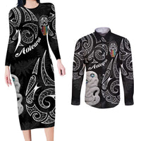 Kia Hara Te reo Maori Couples Matching Long Sleeve Bodycon Dress and Long Sleeve Button Shirt Manaia Moko Pattern LT7 Black - Polynesian Pride