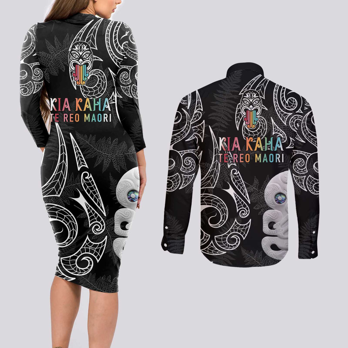 Kia Hara Te reo Maori Couples Matching Long Sleeve Bodycon Dress and Long Sleeve Button Shirt Manaia Moko Pattern LT7 - Polynesian Pride