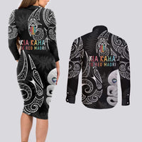Kia Hara Te reo Maori Couples Matching Long Sleeve Bodycon Dress and Long Sleeve Button Shirt Manaia Moko Pattern LT7 - Polynesian Pride