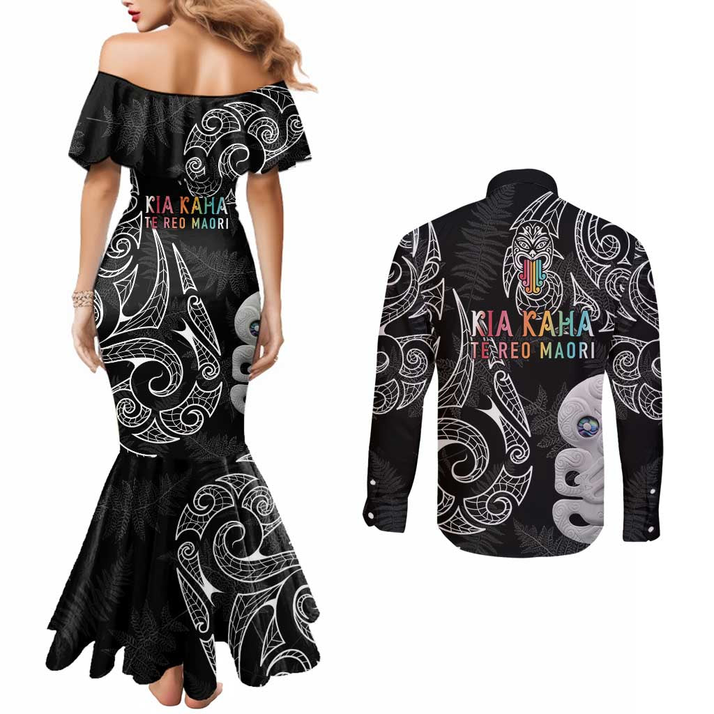 Kia Hara Te reo Maori Couples Matching Mermaid Dress and Long Sleeve Button Shirt Manaia Moko Pattern