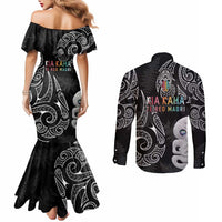 Kia Hara Te reo Maori Couples Matching Mermaid Dress and Long Sleeve Button Shirt Manaia Moko Pattern