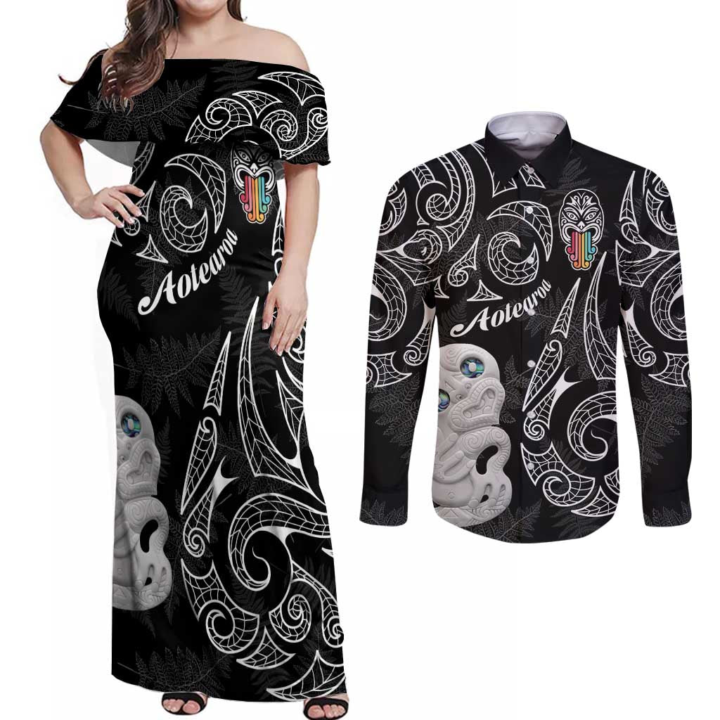 Kia Hara Te reo Maori Couples Matching Off Shoulder Maxi Dress and Long Sleeve Button Shirt Manaia Moko Pattern