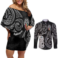 Kia Hara Te reo Maori Couples Matching Off Shoulder Short Dress and Long Sleeve Button Shirt Manaia Moko Pattern