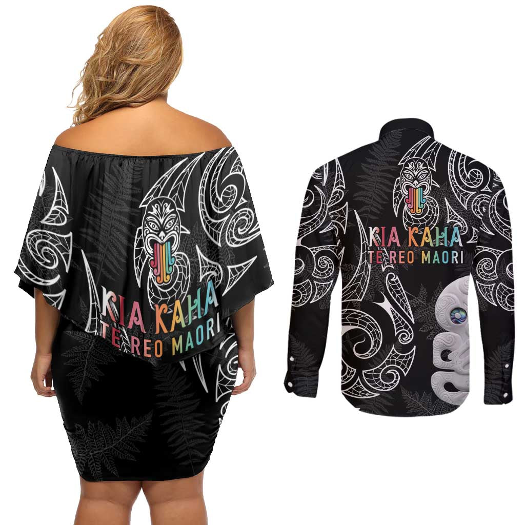Kia Hara Te reo Maori Couples Matching Off Shoulder Short Dress and Long Sleeve Button Shirt Manaia Moko Pattern