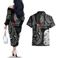 Kia Hara Te reo Maori Couples Matching Off The Shoulder Long Sleeve Dress and Hawaiian Shirt Manaia Moko Pattern