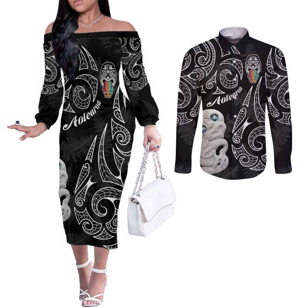 Kia Hara Te reo Maori Couples Matching Off The Shoulder Long Sleeve Dress and Long Sleeve Button Shirt Manaia Moko Pattern LT7 Black - Polynesian Pride