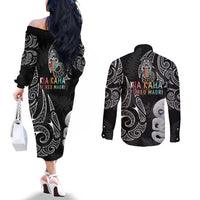 Kia Hara Te reo Maori Couples Matching Off The Shoulder Long Sleeve Dress and Long Sleeve Button Shirt Manaia Moko Pattern LT7 - Polynesian Pride