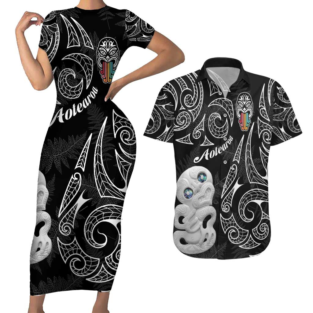 Kia Hara Te reo Maori Couples Matching Short Sleeve Bodycon Dress and Hawaiian Shirt Manaia Moko Pattern