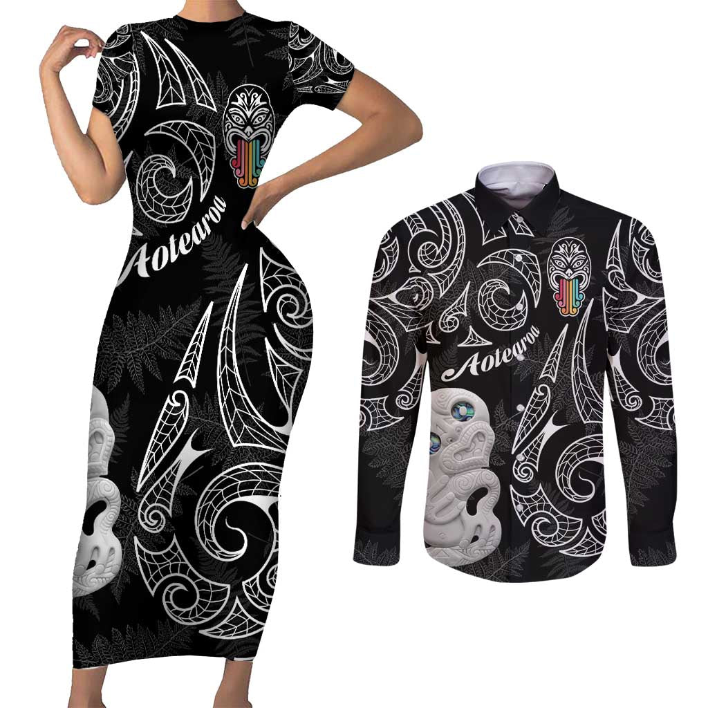 Kia Hara Te reo Maori Couples Matching Short Sleeve Bodycon Dress and Long Sleeve Button Shirt Manaia Moko Pattern LT7 Black - Polynesian Pride