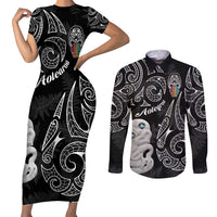 Kia Hara Te reo Maori Couples Matching Short Sleeve Bodycon Dress and Long Sleeve Button Shirt Manaia Moko Pattern LT7 Black - Polynesian Pride