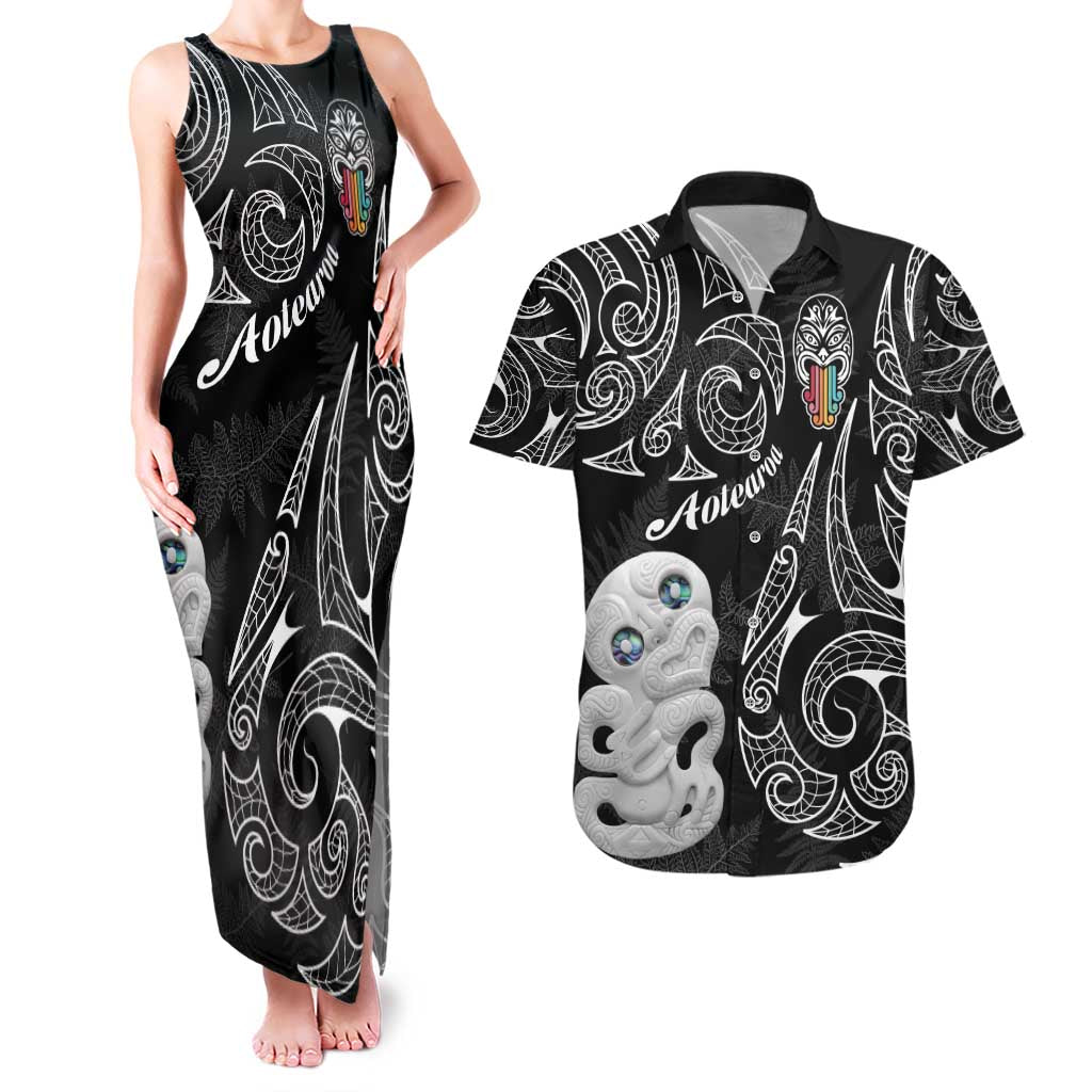 Kia Hara Te reo Maori Couples Matching Tank Maxi Dress and Hawaiian Shirt Manaia Moko Pattern LT7 Black - Polynesian Pride