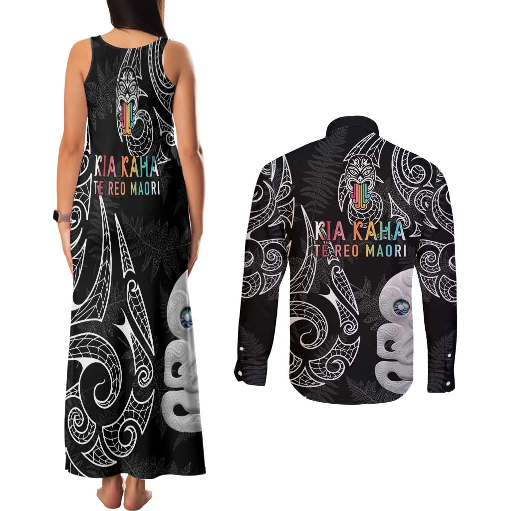 Kia Hara Te reo Maori Couples Matching Tank Maxi Dress and Long Sleeve Button Shirt Manaia Moko Pattern