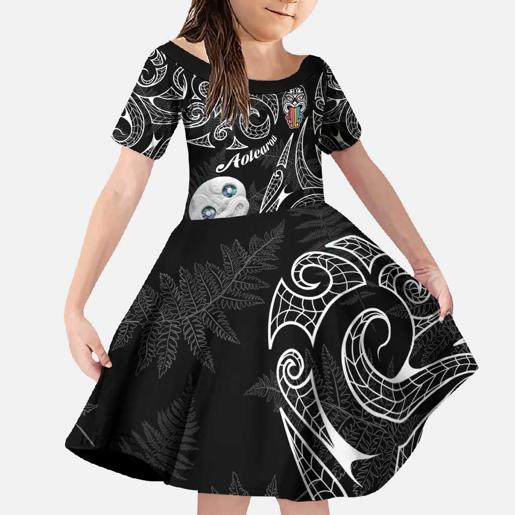 Kia Hara Te reo Maori Family Matching Long Sleeve Bodycon Dress and Hawaiian Shirt Manaia Moko Pattern LT7 Daughter's Dress Black - Polynesian Pride