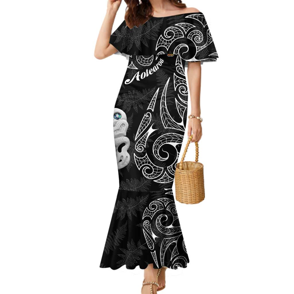 Kia Hara Te reo Maori Family Matching Mermaid Dress and Hawaiian Shirt Manaia Moko Pattern LT7 Mom's Dress Black - Polynesian Pride