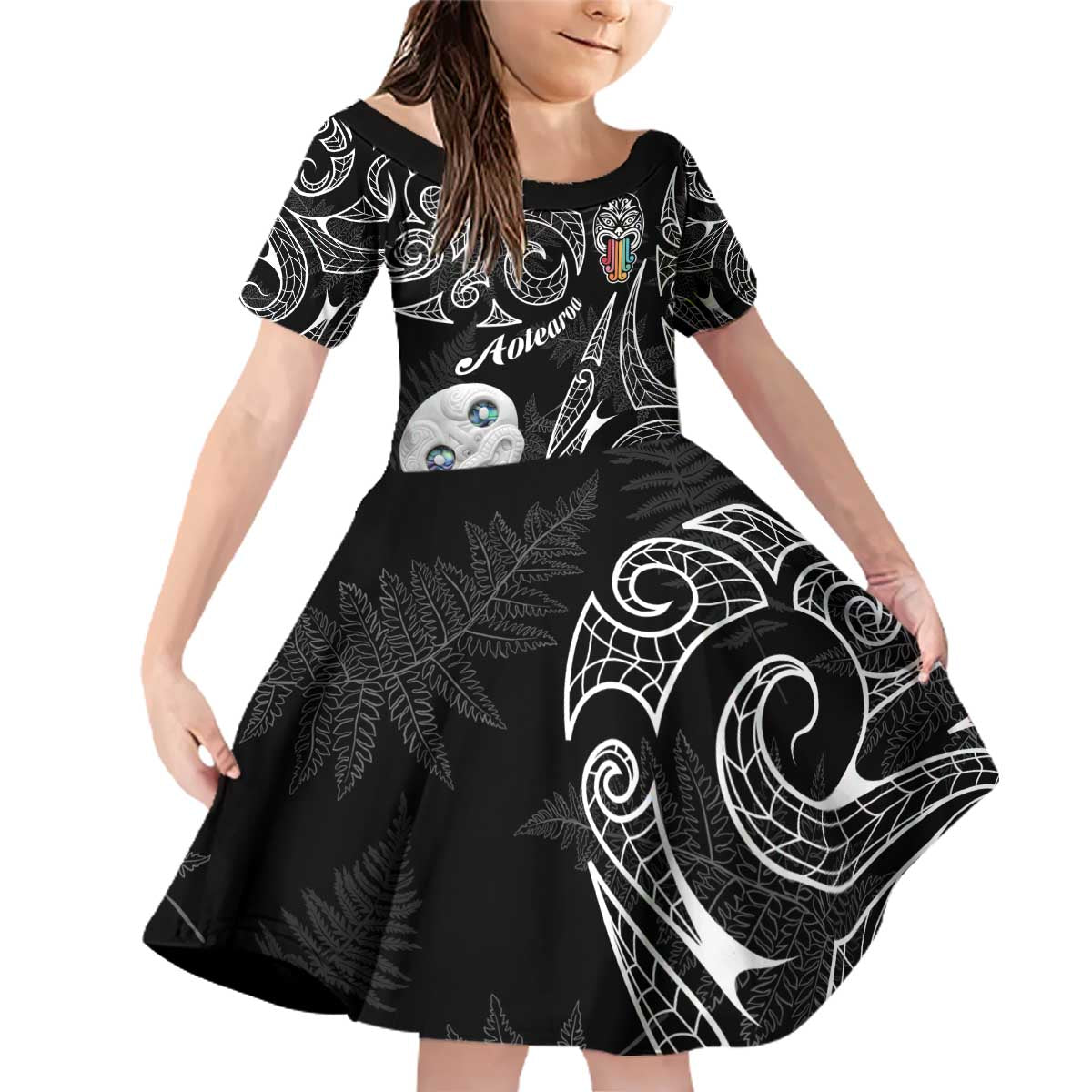 Kia Hara Te reo Maori Family Matching Off Shoulder Short Dress and Hawaiian Shirt Manaia Moko Pattern