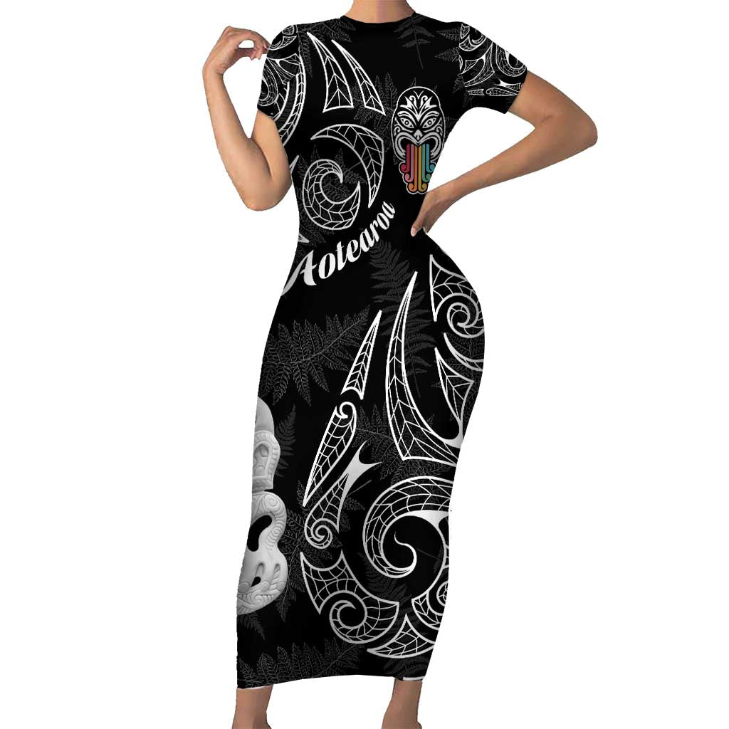 Kia Hara Te reo Maori Family Matching Short Sleeve Bodycon Dress and Hawaiian Shirt Manaia Moko Pattern LT7 Mom's Dress Black - Polynesian Pride