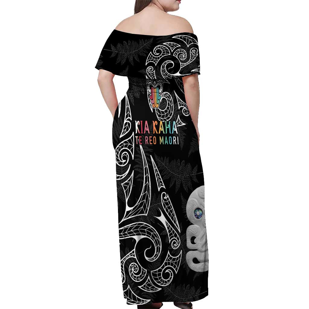 Kia Hara Te reo Maori Off Shoulder Maxi Dress Manaia Moko Pattern
