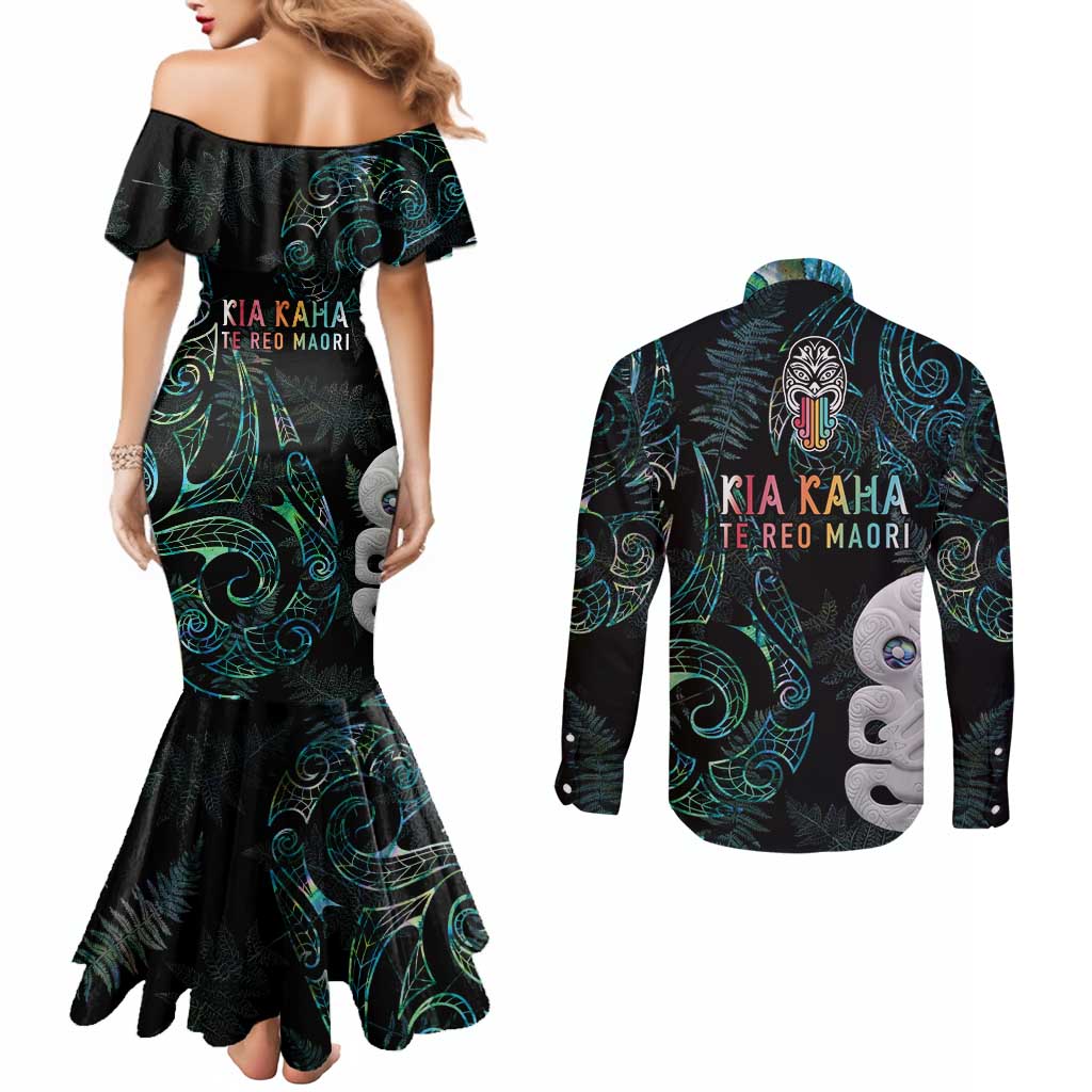 Kia Hara Te reo Maori Couples Matching Mermaid Dress and Long Sleeve Button Shirt Manaia Moko Mix Paua Shell