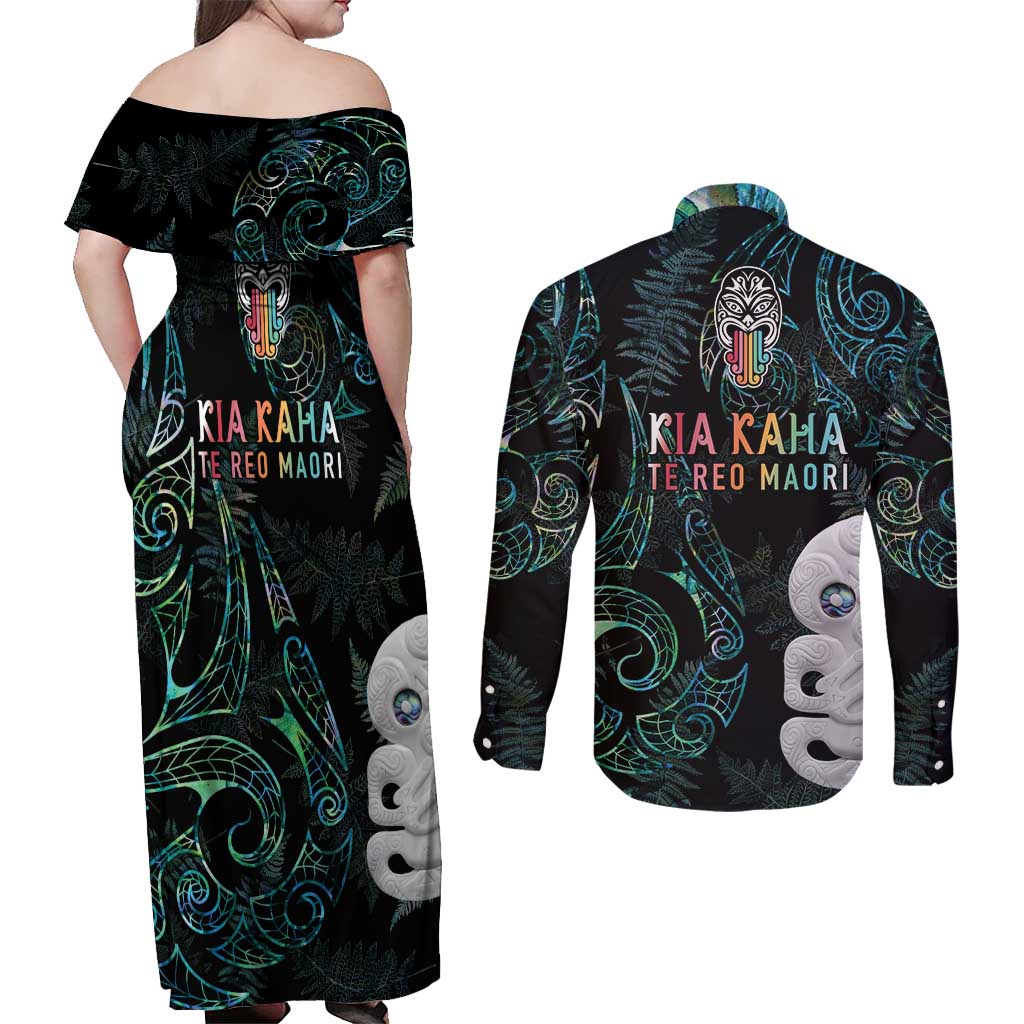 Kia Hara Te reo Maori Couples Matching Off Shoulder Maxi Dress and Long Sleeve Button Shirt Manaia Moko Mix Paua Shell