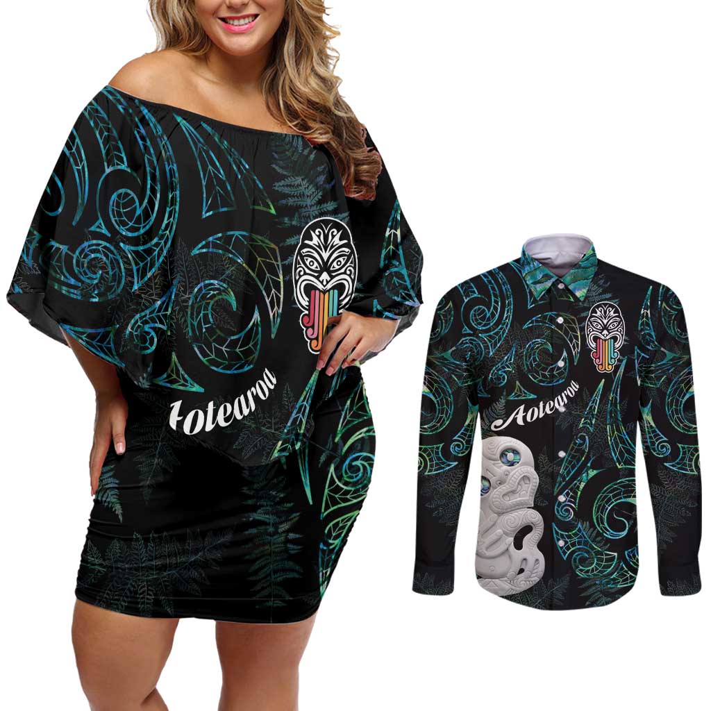 Kia Hara Te reo Maori Couples Matching Off Shoulder Short Dress and Long Sleeve Button Shirt Manaia Moko Mix Paua Shell