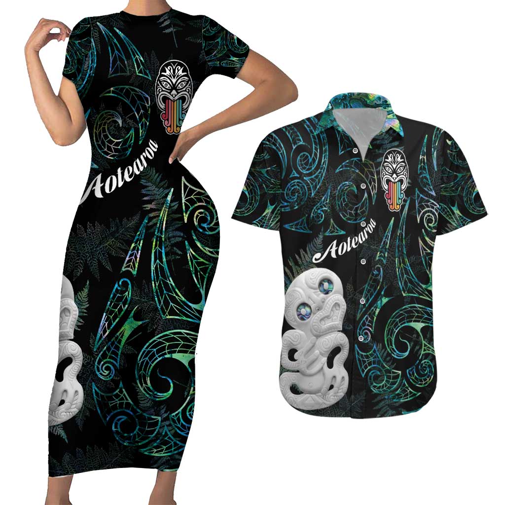 Kia Hara Te reo Maori Couples Matching Short Sleeve Bodycon Dress and Hawaiian Shirt Manaia Moko Mix Paua Shell