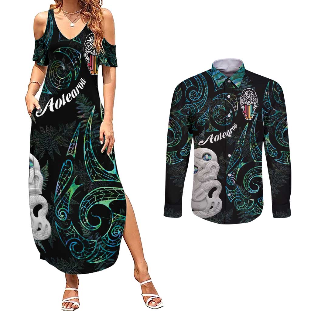 Kia Hara Te reo Maori Couples Matching Summer Maxi Dress and Long Sleeve Button Shirt Manaia Moko Mix Paua Shell LT7 Green - Polynesian Pride