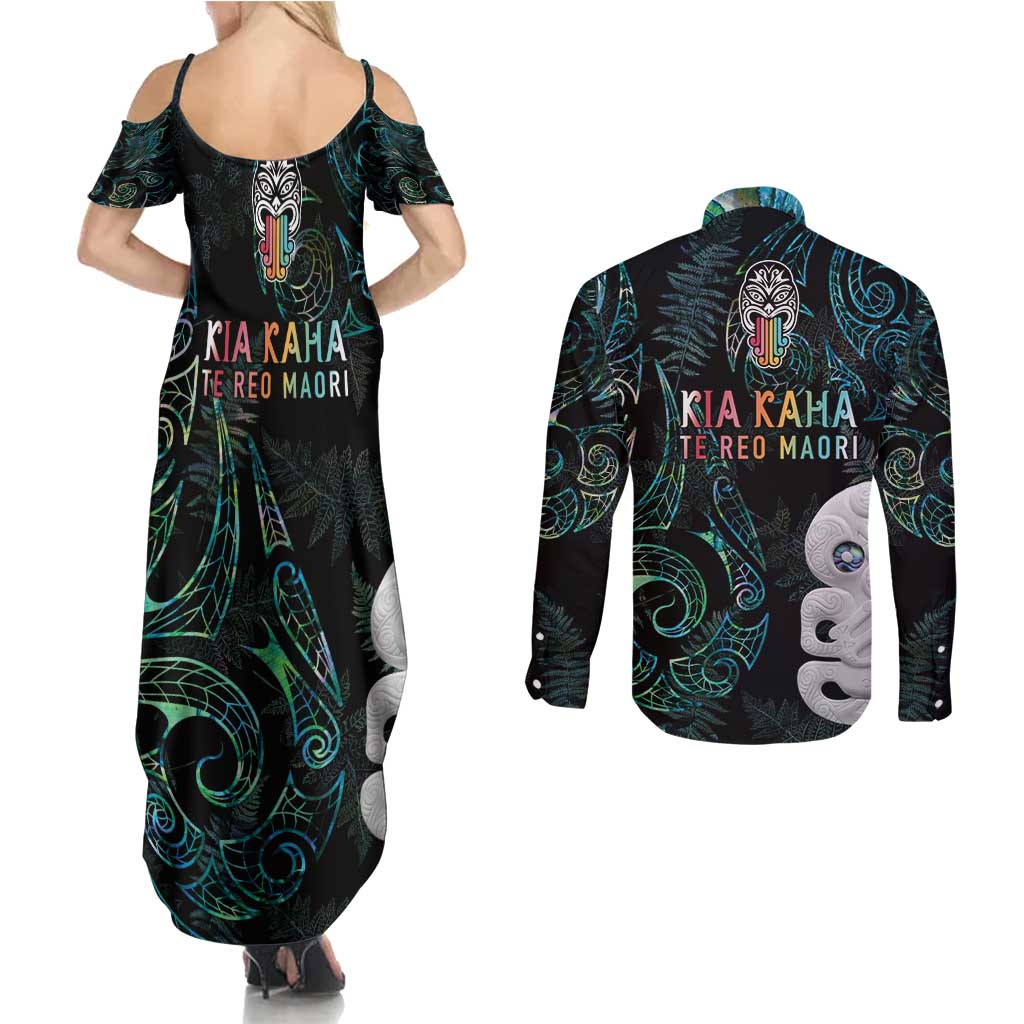 Kia Hara Te reo Maori Couples Matching Summer Maxi Dress and Long Sleeve Button Shirt Manaia Moko Mix Paua Shell LT7 - Polynesian Pride