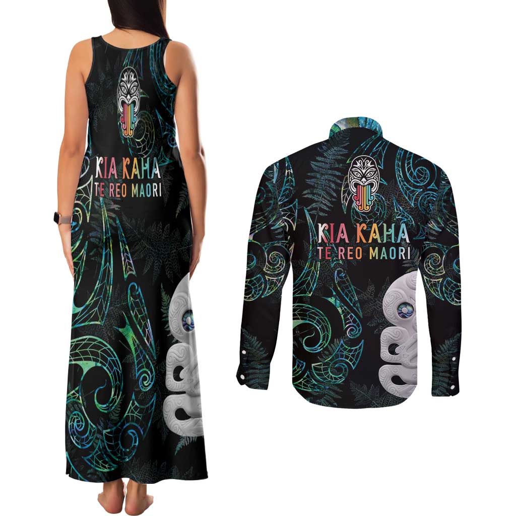 Kia Hara Te reo Maori Couples Matching Tank Maxi Dress and Long Sleeve Button Shirt Manaia Moko Mix Paua Shell
