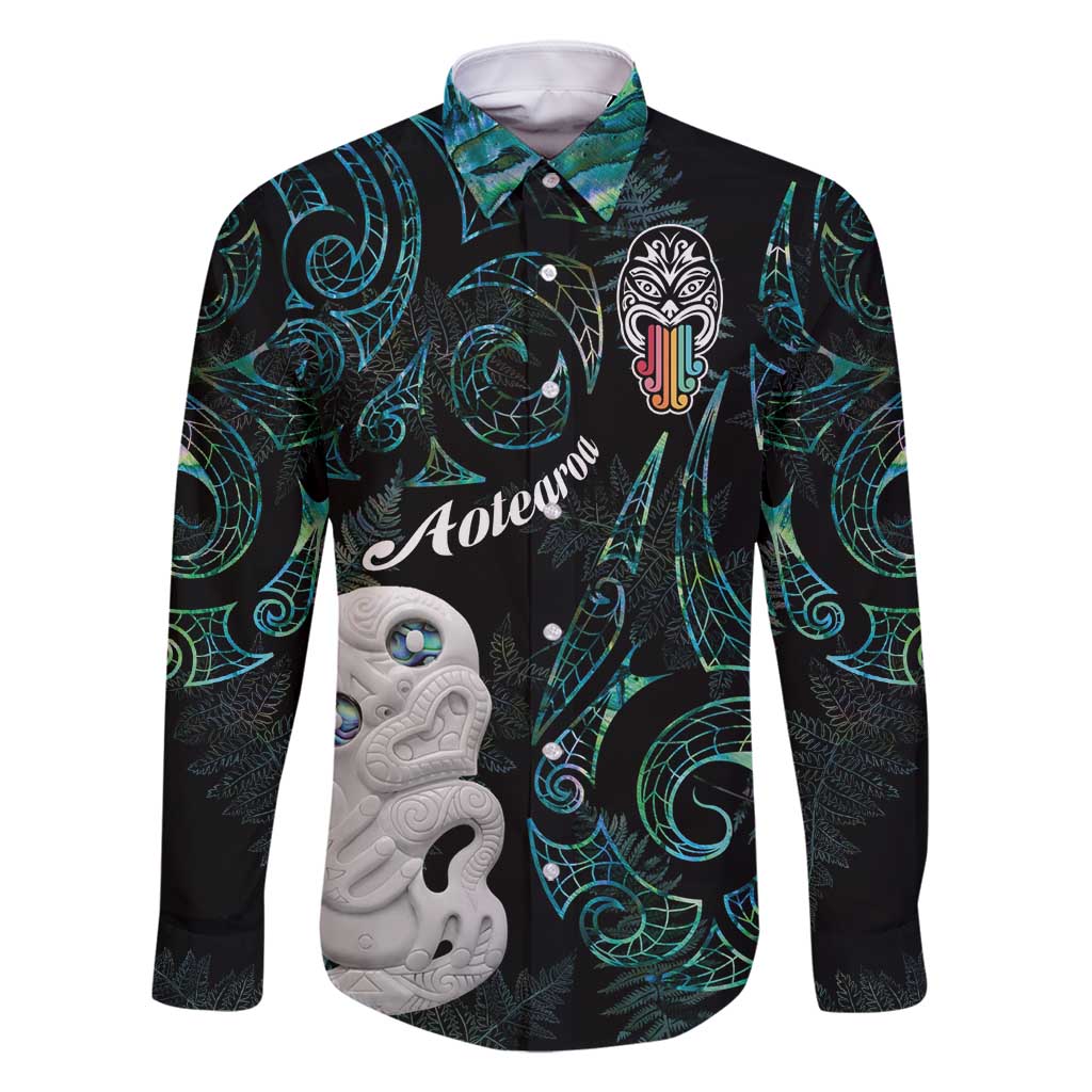 Kia Hara Te reo Maori Family Matching Long Sleeve Bodycon Dress and Hawaiian Shirt Manaia Moko Mix Paua Shell LT7 Dad's Shirt - Long Sleeve Green - Polynesian Pride