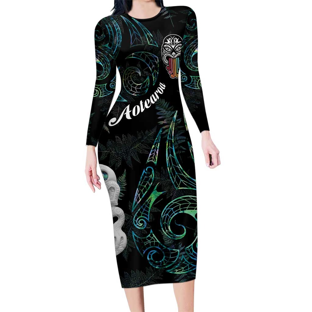 Kia Hara Te reo Maori Family Matching Long Sleeve Bodycon Dress and Hawaiian Shirt Manaia Moko Mix Paua Shell LT7 Mom's Dress Green - Polynesian Pride