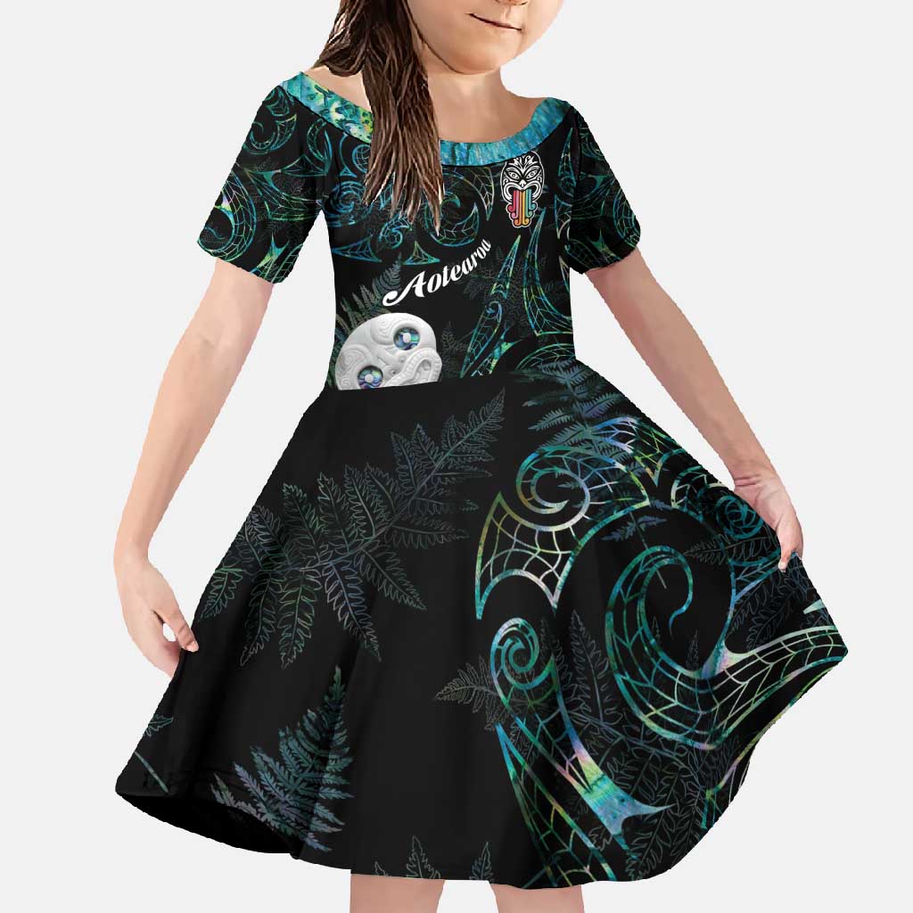 Kia Hara Te reo Maori Family Matching Mermaid Dress and Hawaiian Shirt Manaia Moko Mix Paua Shell LT7 Daughter's Dress Green - Polynesian Pride