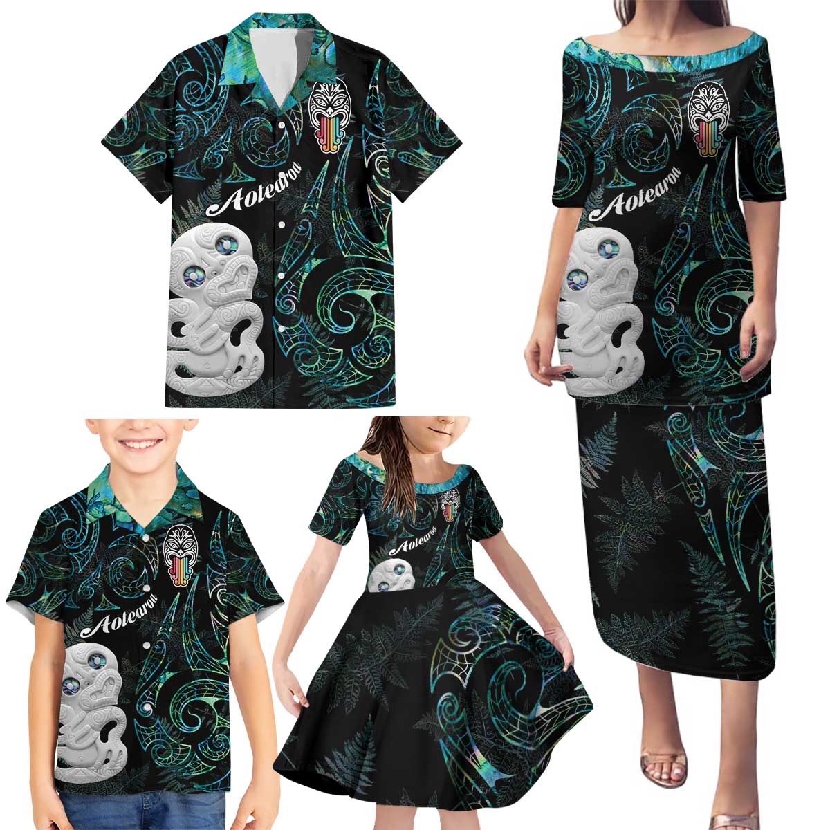Kia Hara Te reo Maori Family Matching Puletasi and Hawaiian Shirt Manaia Moko Mix Paua Shell LT7 - Polynesian Pride